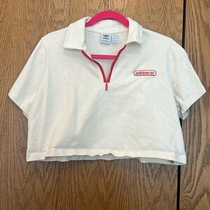 Streetwear Adidas red and white quarter zip cropped shirt